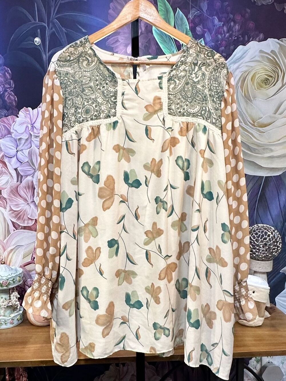Cato 26/28W Mixed Print Blouse Long Sleeve Boho Chic Cottagecore Retro Top